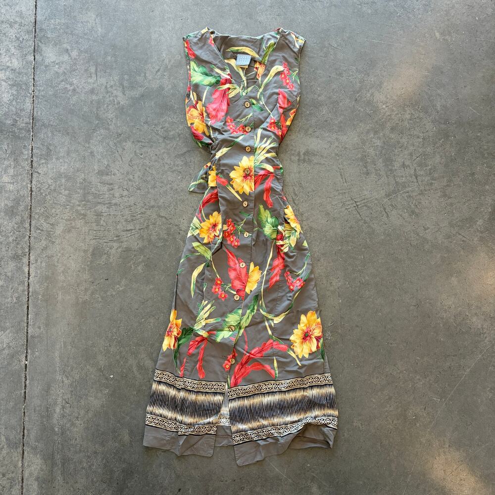 Vintage Y2k 90's Floral Tropical Hibiscus Button Sleeveless Dress 14 Fits Medium